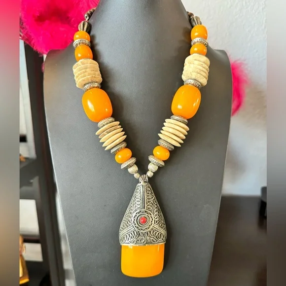 Artisan Nepal Orange Bohemian Beaded Metal Necklace